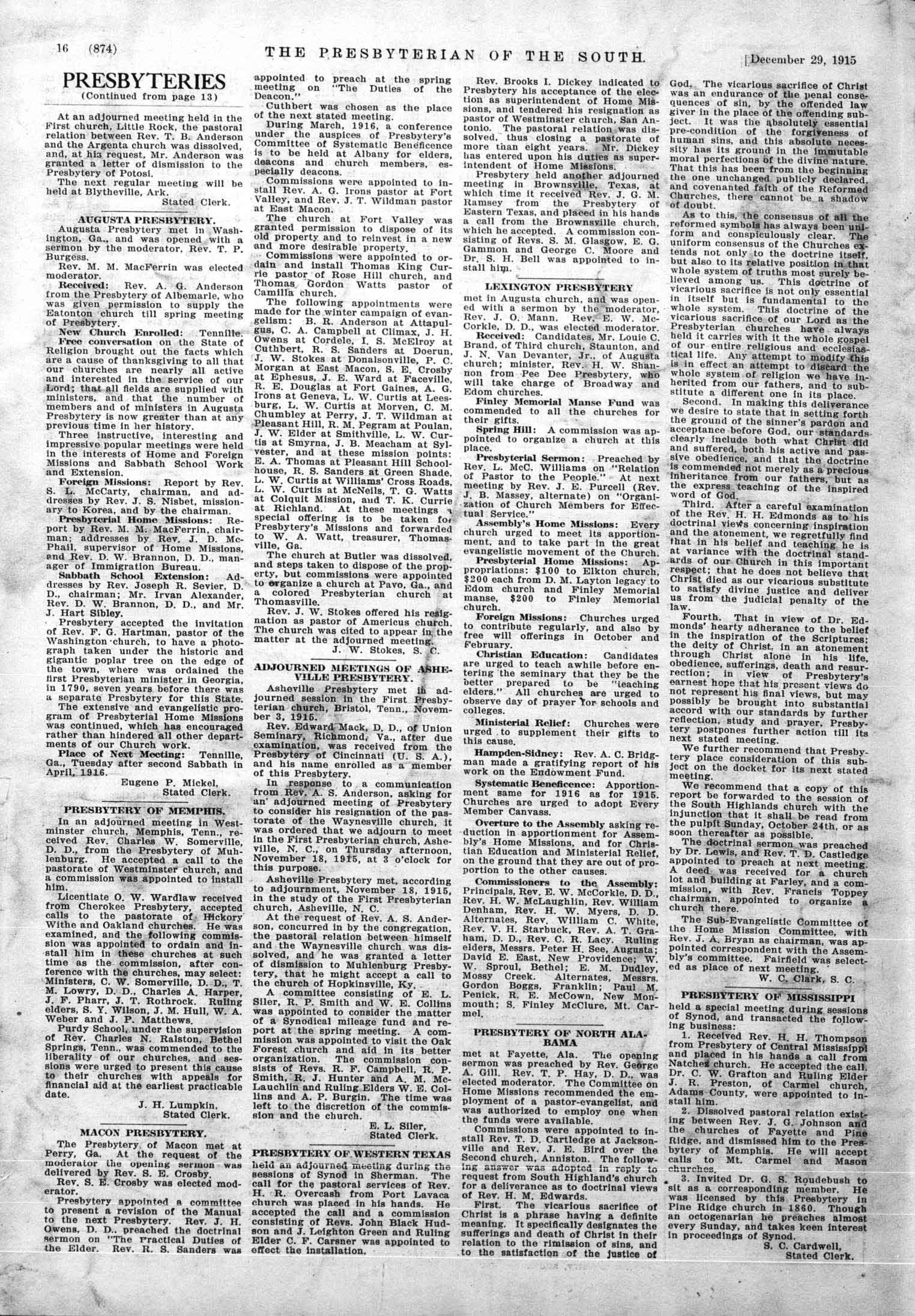 Bryan chairman of sub-committee on evangelism of Home missions